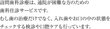 訪問歯科診療は、通院が困難な方のための歯科往診サービスです。むし歯の治療だけでなく、入れ歯やお口の中の状態をチェックする検診や口腔ケアも行っています。